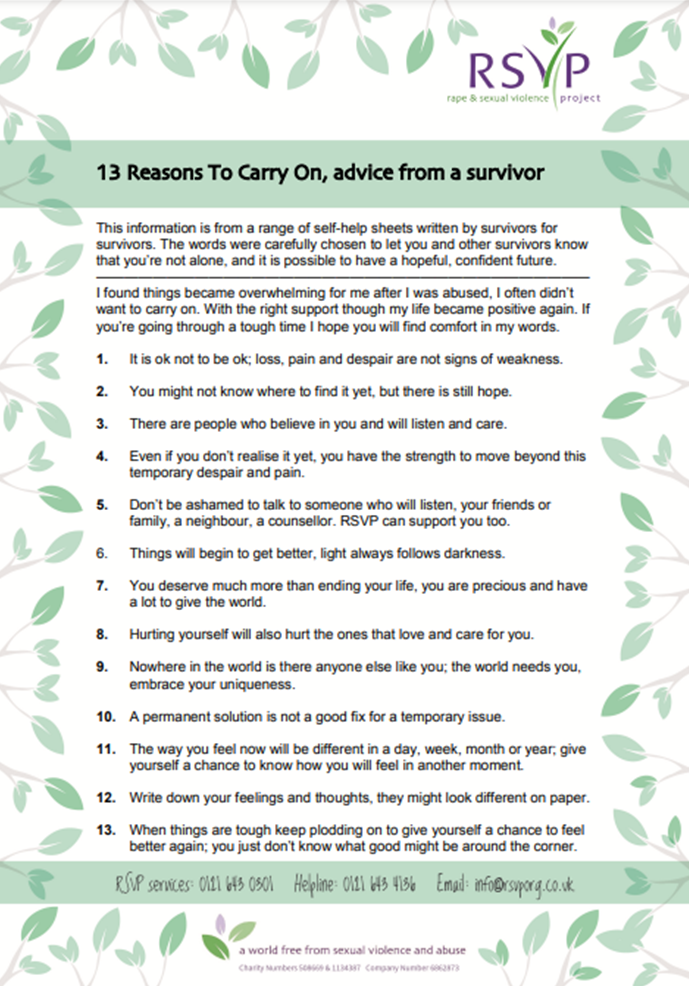 Downloadable resource - 13 reasons to carry on, advice from a survivor 