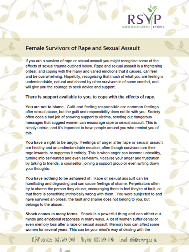 Downloadable resource for female survivors of rape & Sexual Violence  