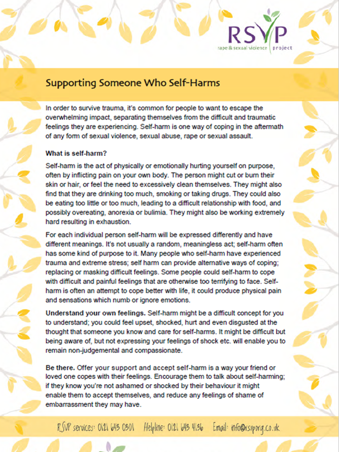 Downloadable resource for supporting someone with self-harm. 